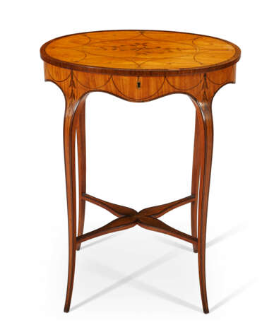 A GEORGE III AMARANTH-BANDED SATINWOOD AND MARQUETRY OVAL WORK TABLE - фото 1