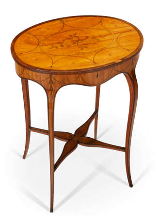 A GEORGE III AMARANTH-BANDED SATINWOOD AND MARQUETRY OVAL WORK TABLE - photo 6