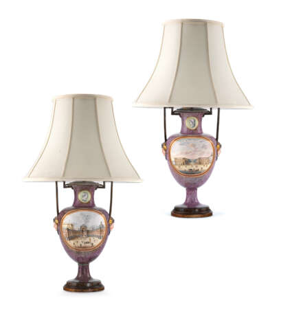 A PAIR OF NAPLES PORCELAIN TWO-HANDLED FAUX PORPHYRY-GROUND TOPOGRAPHICAL VASES MOUNTED AS LAMPS - photo 1