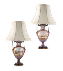 A PAIR OF NAPLES PORCELAIN TWO-HANDLED FAUX PORPHYRY-GROUND TOPOGRAPHICAL VASES MOUNTED AS LAMPS