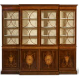 A GEORGE III EBONY AND BOXWOOD STRUNG HAREWOOD, SYCAMORE AND TULIPWOOD MARQUETRY BREAKFRONT BOOKCASE - фото 1