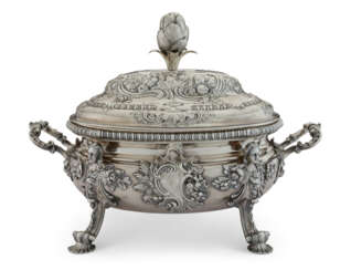 A GEORGE II SILVER TWO-HANDLED SOUP TUREEN AND COVER