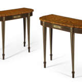 A PAIR OF GEORGE III POLYCHROME-PAINTED, TULIPWOOD-BANDED AND SATINWOOD BREAKFRONT SIDE TABLES - photo 1