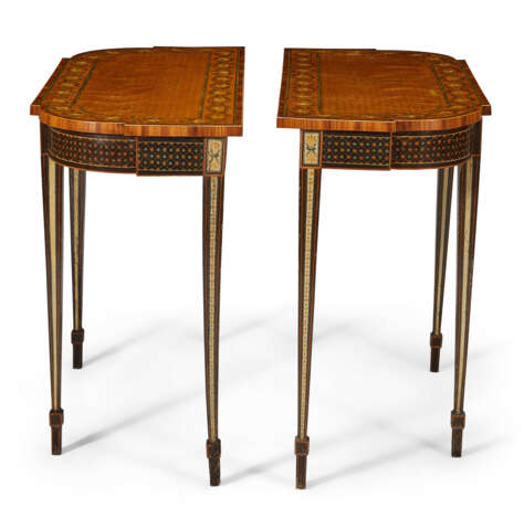 A PAIR OF GEORGE III POLYCHROME-PAINTED, TULIPWOOD-BANDED AND SATINWOOD BREAKFRONT SIDE TABLES - фото 4