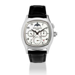 PATEK PHILIPPE. A RARE PLATINUM CUSHION-SHAPED PERPETUAL CALENDAR SINGLE BUTTON SPLIT SECONDS CHRONOGRAPH WRISTWATCH WITH MOON PHASES, DAY/NIGHT, LEAP YEAR INDICATION AND LACQUERED WHITE DIAL WITH BLACK BREGUET NUMERALS