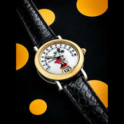 GERALD GENTA. A LADY’S STAINLESS STEEL AND GOLD JUMP HOUR WRISTWATCH WITH RETROGRADE MINUTES AND MOTHER-OF-PEARL DIAL