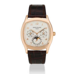 PATEK PHILIPPE. AN 18K PINK GOLD AUTOMATIC PERPETUAL CALENDAR CUSHION-SHAPED WRISTWATCH WITH MOON PHASES, 24 HOUR, LEAP YEAR INDICATION AND BREGUET NUMERALS
