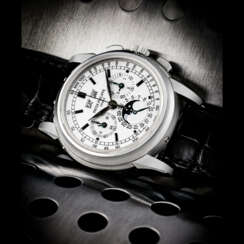 PATEK PHILIPPE. AN 18K WHITE GOLD PERPETUAL CALENDAR CHRONOGRAPH WRISTWATCH WITH MOON PHASES, 24 HOUR AND LEAP YEAR INDICATION