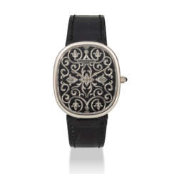 PATEK PHILIPPE. AN 18K WHITE GOLD AUTOMATIC WRISTWATCH WITH HAND-ENGRAVED BLACK CHAMPLEV&#201; ENAMEL DIAL