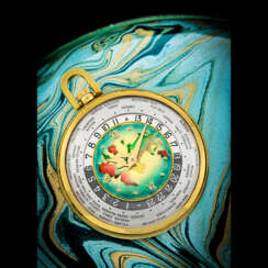 PATEK PHILIPPE. A MAGNIFICENT AND EXTREMELY RARE 18K GOLD WORLD TIME POCKET WATCH WITH WORLD MAP CLOISONN&#201; ENAMEL DIAL