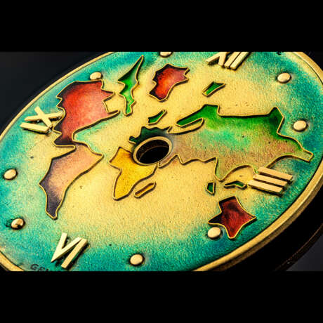 PATEK PHILIPPE. A MAGNIFICENT AND EXTREMELY RARE 18K GOLD WORLD TIME POCKET WATCH WITH WORLD MAP CLOISONN&#201; ENAMEL DIAL - Foto 5