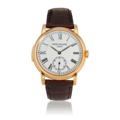 PATEK PHILIPPE. A RARE 18K PINK GOLD AUTOMATIC MINUTE REPEATING WRISTWATCH WITH ENAMEL DIAL