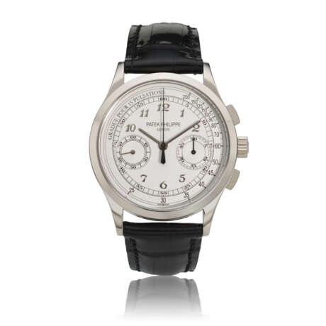 PATEK PHILIPPE. AN 18K WHITE GOLD CHRONOGRAPH WRISTWATCH WITH PULSATION SCALE AND BREGUET NUMERALS - Foto 1