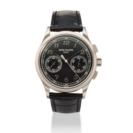PATEK PHILIPPE. AN 18K WHITE GOLD CHRONOGRAPH WRISTWATCH WITH BLACK DIAL AND BREGUET NUMERALS - фото 1