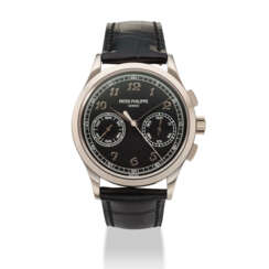PATEK PHILIPPE. AN 18K WHITE GOLD CHRONOGRAPH WRISTWATCH WITH BLACK DIAL AND BREGUET NUMERALS