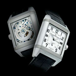 JAEGER-LECOULTRE. A STAINLESS STEEL AUTOMATIC REVERSIBLE WRISTWATCH WITH DUAL TIME, DATE AND DAY/NIGHT INDICATION