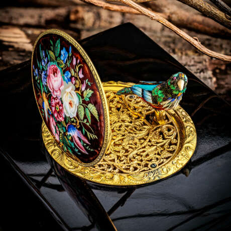 RETAILED BY PATEK PHILIPPE. A VERY FINE AND RARE TORTOISESHELL, GILT AND ENAMEL SINGING BIRD BOX WITH ORIGINAL BOX AND OPERATING INSTRUCTIONS - фото 4