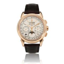 PATEK PHILIPPE. AN 18K PINK GOLD PERPETUAL CALENDAR CHRONOGRAPH WRISTWATCH WITH MOON PHASES, LEAP YEAR AND DAY/NIGHT INDICATION