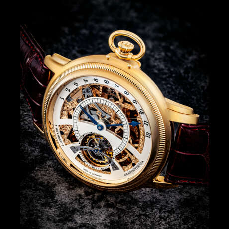 GLASH&#220;TTE ORIGINAL. A RARE 18K PINK GOLD LIMITED EDITION TOURBILLON SKELETONISED WRISTWATCH WITH RETROGRADE JUMPING HOUR, CONVERTIBLE INTO A POCKET WATCH - photo 1