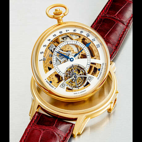 GLASH&#220;TTE ORIGINAL. A RARE 18K PINK GOLD LIMITED EDITION TOURBILLON SKELETONISED WRISTWATCH WITH RETROGRADE JUMPING HOUR, CONVERTIBLE INTO A POCKET WATCH - Foto 2