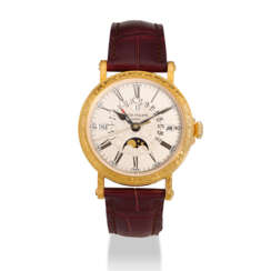 PATEK PHILIPPE. AN 18K GOLD AUTOMATIC PERPETUAL CALENDAR WRISTWATCH WITH SWEEP CENTRE SECONDS, RETROGRADE DATE, MOON PHASES AND LEAP YEAR INDICATION