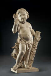 A MARBLE FIGURE OF CUPID WITH MILITARY ATTRIBUTES
