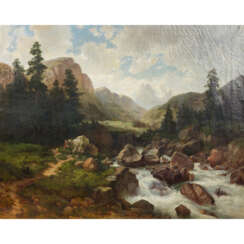 ROSE, K.JULIUS (1828-1911) "Bauern an einem Fluss im Gebirge"