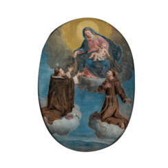 SÜDDEUTSCHER HINTERGLASMALER 18. Jh., "Madonna mit Kind und den Heiligen Antonius und Thomas",