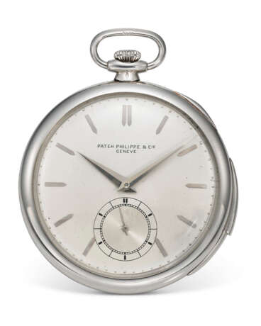 PATEK PHILIPPE, A FINE AND RARE PLATINUM MINUTE REPEATING POCKET WATCH WITH SUBSIDIARY SECONDS AND LONG SIGNATURE - фото 1