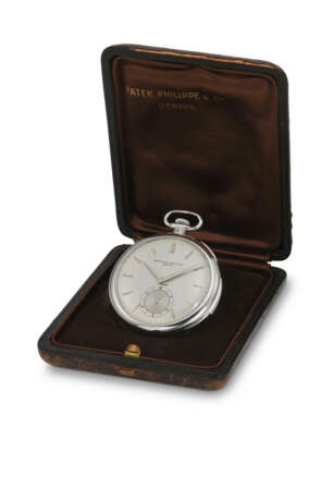 PATEK PHILIPPE, A FINE AND RARE PLATINUM MINUTE REPEATING POCKET WATCH WITH SUBSIDIARY SECONDS AND LONG SIGNATURE - Foto 3
