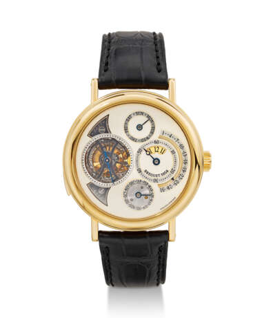 BREGUET, REF. 3857, 250th ANNIVERSARY, A VERY FINE AND RARE 18K YELLOW GOLD MINUTE REPEATING PERPETUAL CALENDAR TOURBILLON WRISTWATCH WITH JUMP HOURS, RETROGRADE DATE, AND LEAP YEAR INDICATOR - фото 1