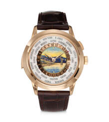 PATEK PHILIPPE, REF. 5531R-012, A VERY FINE 18K ROSE GOLD MINUTE REPEATING WORLD TIME WRISTWATCH WITH CLOISONN&#201; ENAMEL DIAL DEPICTING THE LAVAUX VINEYARDS ON THE SHORES OF LAKE GENEVA
