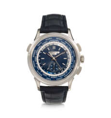 PATEK PHILIPPE, REF. 5930G-001, A FINE 18K WHITE GOLD WORLD TIME FLY-BACK CHRONOGRAPH WRISTWATCH WITH BLUE GUILLOCHE DIAL