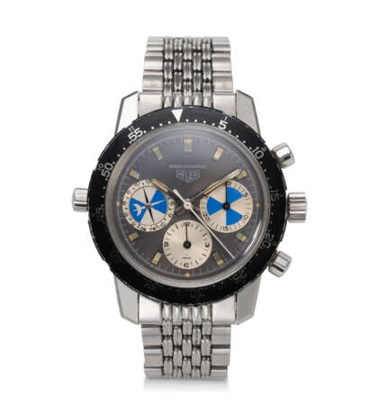 HEUER, REF. 2446 SF, MAREOGRAPHE, A FINE STEEL CHRONOGRAPH WRISTWATCH WITH TIDE INDICATOR ON BRACELET - photo 1