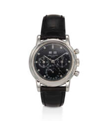 PATEK PHILIPPE, REF. 3970EP-019, A FINE 4TH SERIES PLATINUM PERPETUAL CALENDAR CHRONOGRAPH WRISTWATCH WITH MOON PHASES AND BLACK DIAL WITH DIAMOND HOUR MARKERS