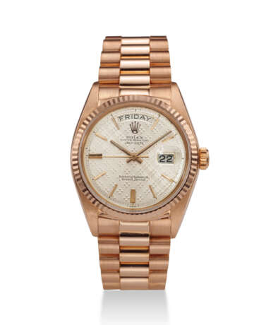 ROLEX, REF. 1803, DAY-DATE, A VERY RARE 18K PINK GOLD WITH TAPISSERIE DIAL ON BRACELET - photo 1