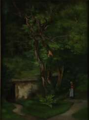 Landschaftsmaler/in 19./20.Jh.- Bewaldete Parklandschaft mit Gärtnerin, Öl auf Leinwand, ca. 63 x 47 cm, Rahmenleiste, Leinwand verso mit drei Flicken