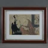 Kitagawa, Utamaro (1753-1806 japanischer Meister des klassischen japanischen Farbholzschnitts) -Blatt 8 aus dem "Kopfkissenbuch", Farboffsetdruck, Mittelfalz, ca.21,5x31cm, mit PP unter Glas gerahmt, Gesamtmaße ca.37,5x46,5cm - фото 2