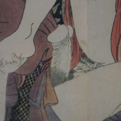 Kitagawa, Utamaro (1753-1806 japanischer Meister des klassischen japanischen Farbholzschnitts) -Blatt 5 aus dem "Kopfkissenbuch", Farboffsetdruck, Mittelfalz, ca.21,5x31cm, mit PP unter Glas gerahmt, Gesamtmaße ca.37,5x47cm - photo 4