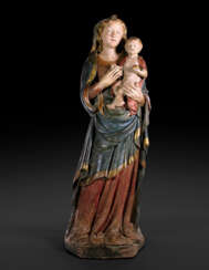 A GILT AND POLYCHROMED TERRACOTTA FIGURE OF THE VIRGIN AND CHILD