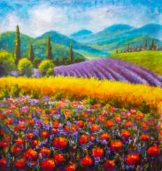 Original art: Italian summer countryside. French Tuscany. Field of red poppies, a field of yellow rye. Rural houses and high cypress trees on the hill. Mountains in the background.