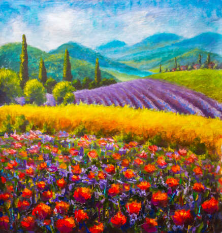 “Original art: Italian summer countryside. French Tuscany. Field of red poppies a field of yellow rye. Rural houses and high cypress trees on the hill. Mountains in the background.” Canvas Acrylic paint Impressionist Landscape painting 2018 - photo 1