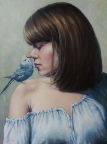 “Girl with parrot (A girl with a parrot)” Canvas Oil paint Realist 2018 - photo 1