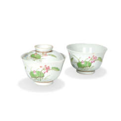 A PAIR OF FAMILLE ROSE ‘LOTUS POND’ BOWLS AND A COVER