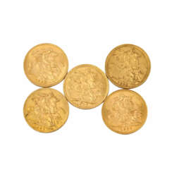 Sovereigns Australien/Südafrika GOLD - 5 x 1 Sovereign,