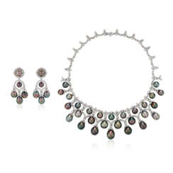 SET OF GRAY CULTURED PEARL AND DIAMOND JEWELRY