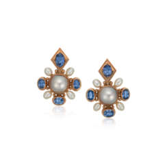 ELIZABETH GAGE CULTURED PEARL AND SAPPHIRE EARRINGS
