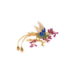 TIFFANY & CO. MULTI-GEM, ENAMEL AND DIAMOND BIRD BROOCH