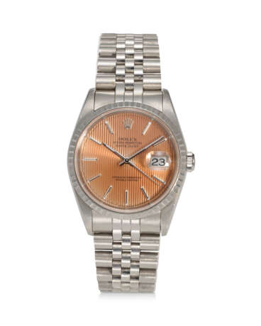 ROLEX, REF. 16220, DATEJUST, A FINE STEEL WRISTWATCH WITH TROPICAL “TAPISSERIE” DIAL AND DATE ON BRACELET - Foto 1