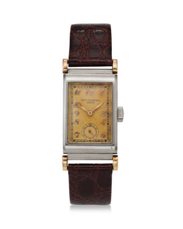 PATEK PHILIPPE, REF. 461/1, A STEEL RECTANGULAR SHAPED WRISTWATCH WITH 18K ROSE GOLD LUGS - фото 1